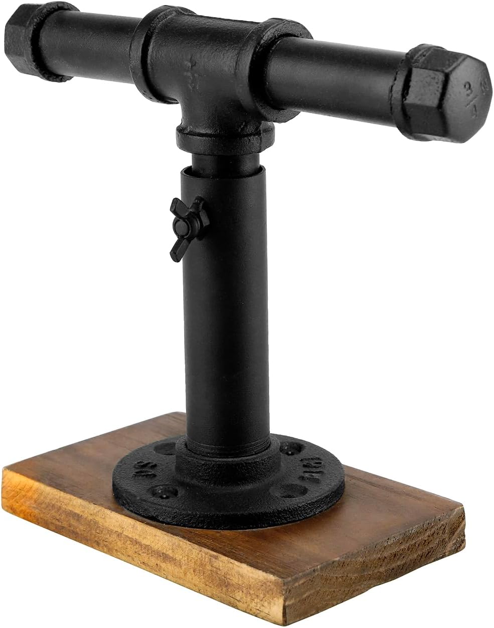 MyGift Industrial Pipe Black Metal T-Bar Jewelry Bracelet & Necklace Adjustable Height Display Stand with Brown Wood Base