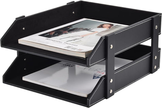 Leather Desk Organizer,2-Tier Stackable Letter Tray Holder,Office Supplies Desktop Storage Box for Document,Stationery,Magazines,Newspapers,Letters and Other Home Office Paper Sundries,Black