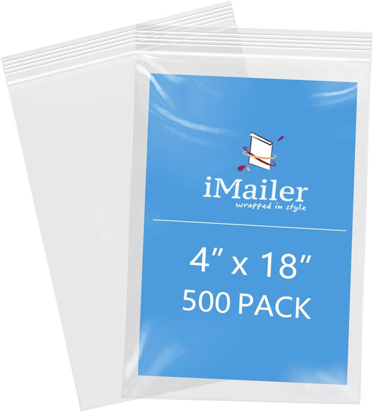 iMailer - 4" x 18" 500 Pack- 2 Mil Resealable Zip Bags- Small Clear Plastic Bags for Storage, Organizing, Crafts, Snacks, Jewelry, Hardware
