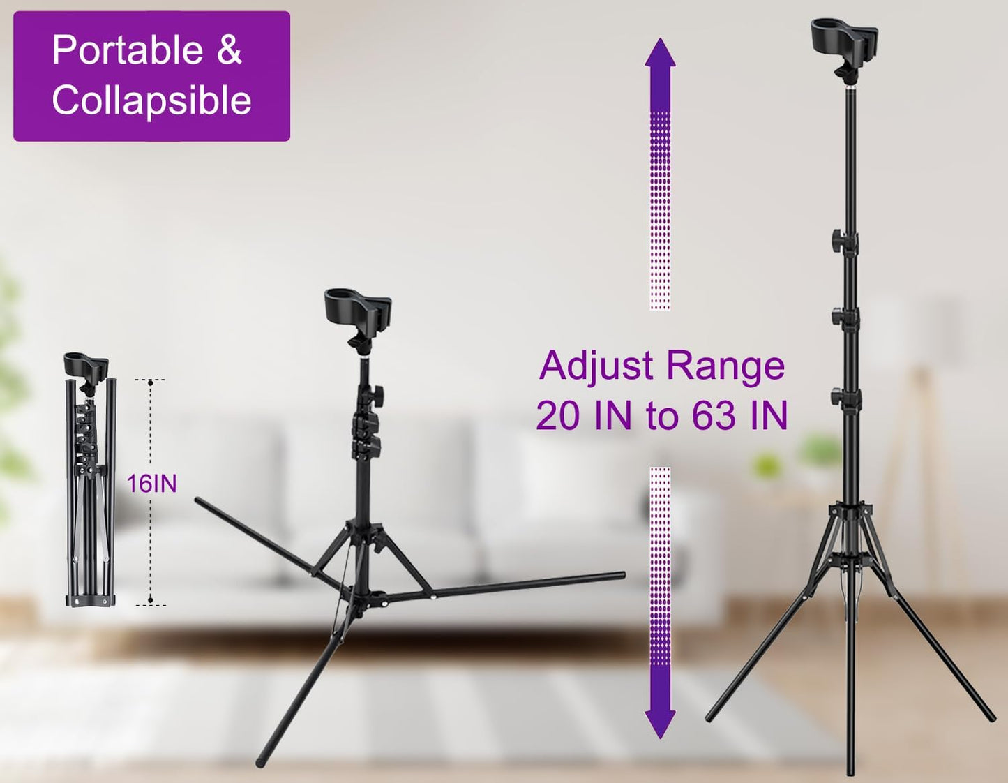 Purple River Hair Dryer Stand Black 20-63 Inch Adjustable Blow Dryer Holder with Tripod and Universal Clip, Easy to Use, Hands Free Relieve Wrist Pain, Shoulder Periarthritis etc