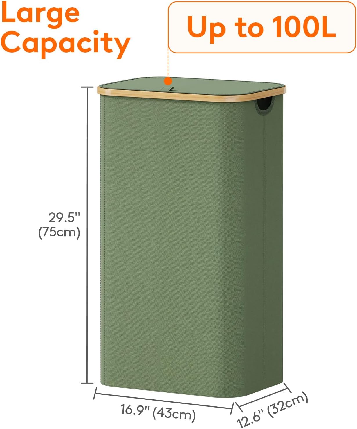 Lifewit 100L Laundry Basket with Lid, Clothes Hampers for Laundry with Bamboo Handles and A Removable Bag, Large Foldable Laundry Hamper for Bedroom, Bathroom, Dorm, Laundry Room, Green