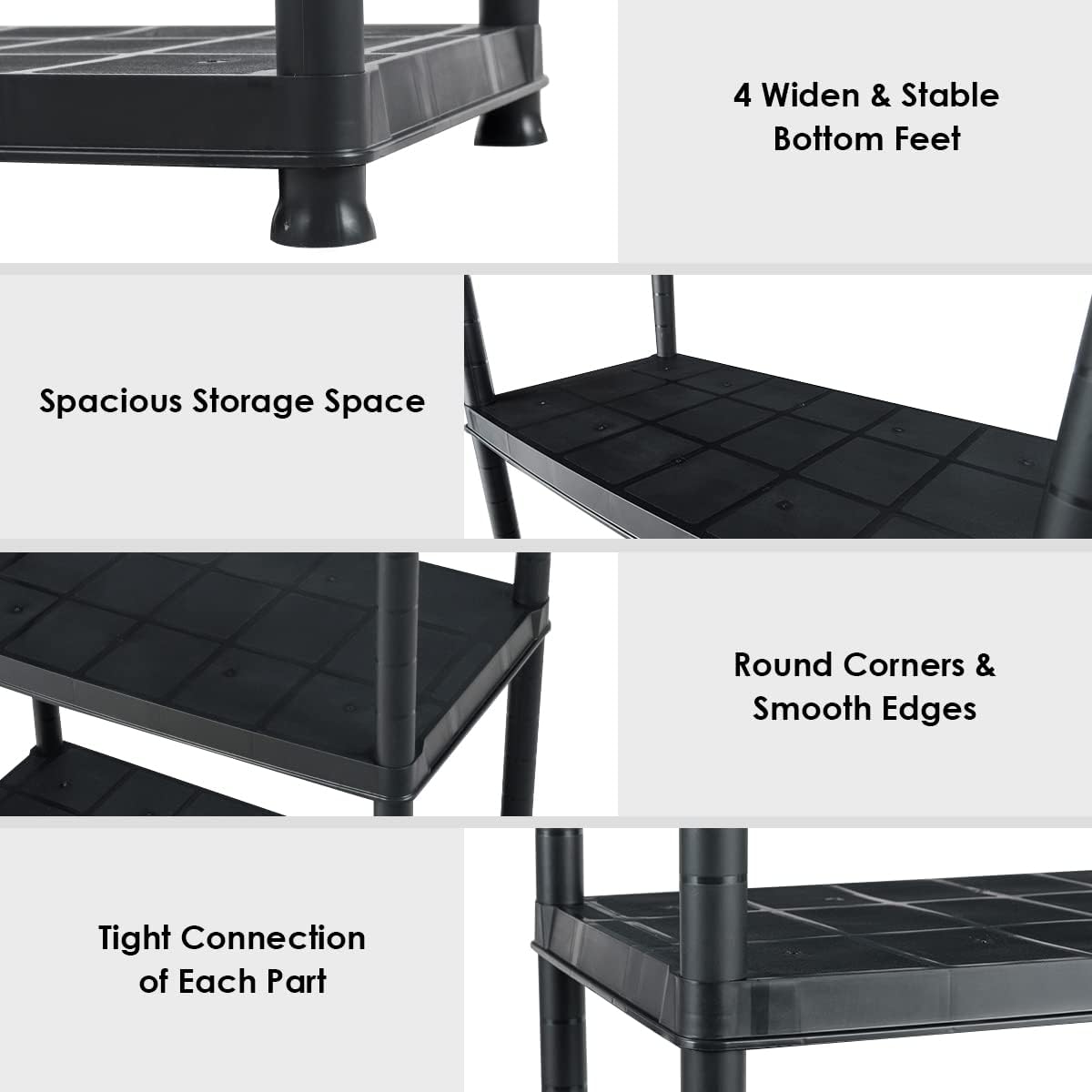 IRONMAX 5-Tier Plastic Storage Shelves, Multi-Purpose Display Shelf Rack, Light Duty Storage Shelving Unit for Laundry Pantry Closet, Black (1, 28“L X 15”W X 67“H)