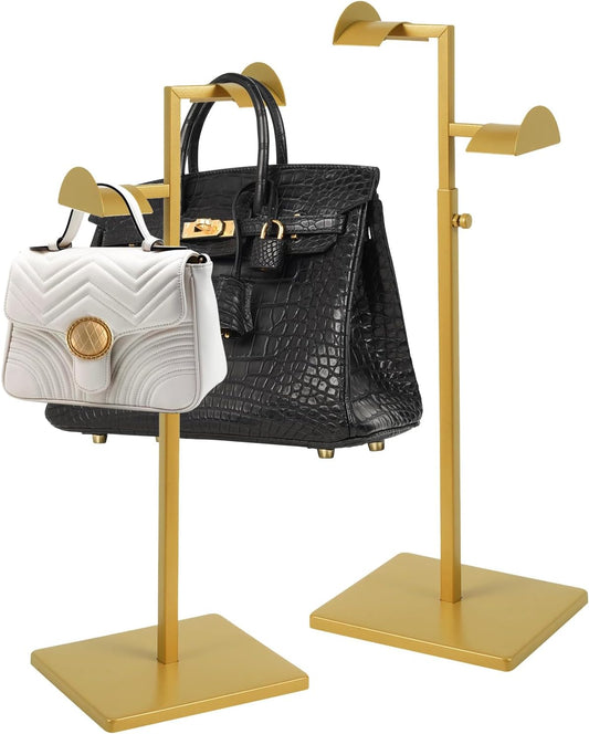 2 Pack Purse Holder for Closet, Dual Hook Purse Stands for Display, Stainless Steel Bag Hanger, Adjustable Height Purse Rack Stand, Handbag Display Stand, Bag Hanger for Vendors Table Boutiques (Gold)