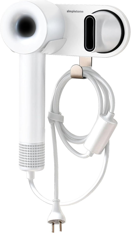 simpletome Hair Dryer Holder Wall Mount for All Magnetic High Speed Blow Dryer with Plug Cord Organizer Hook (Aluminum Alloy, White)
