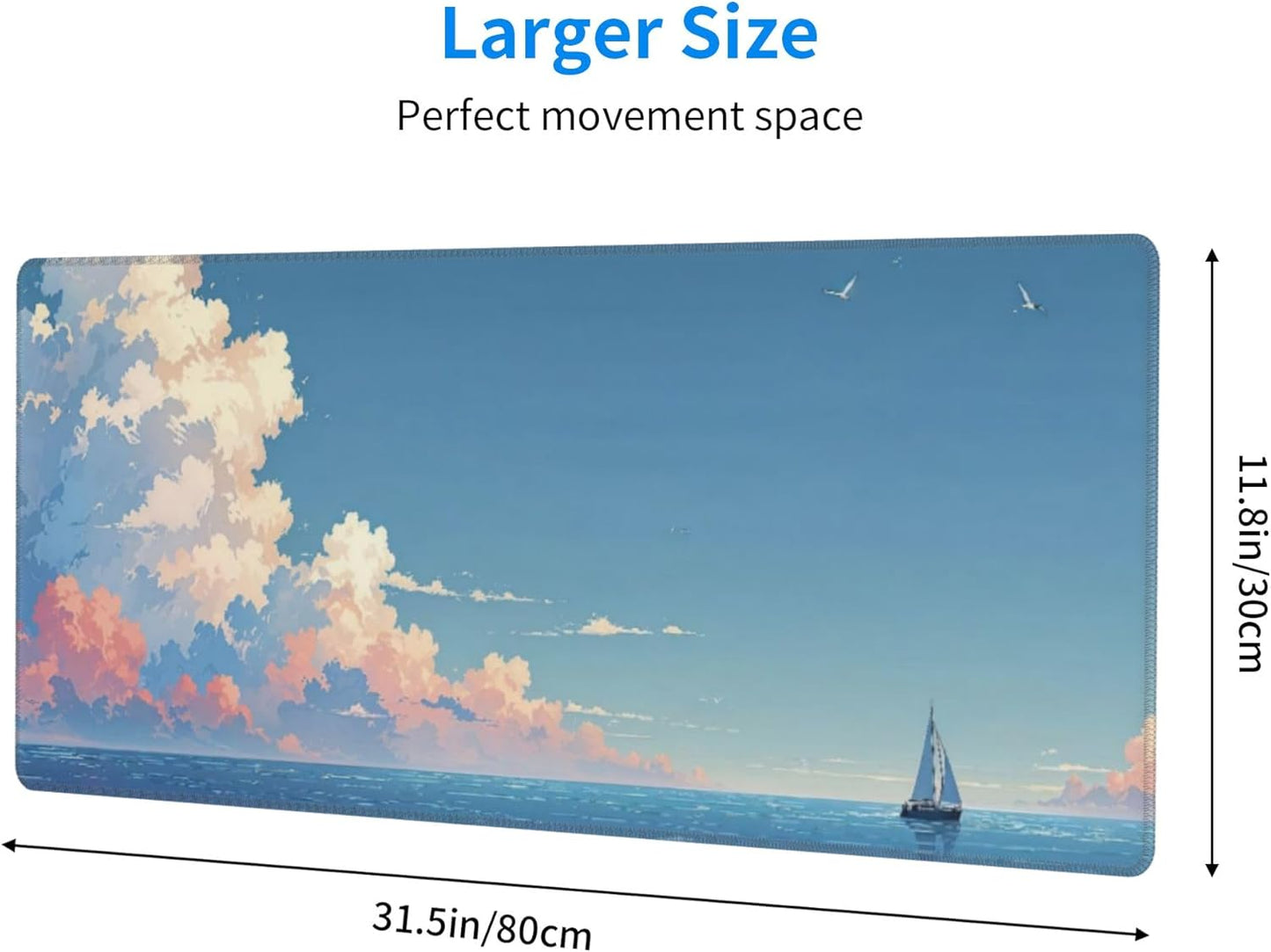 Blue Sky Ocean Large Mouse Pad, Anime Style Gaming Desk Mat, XL Keyboard Desk Pad Mat for Desktop, 31.5"x11.8" Non-Slip Base Big Mousepad with Stitched Edges
