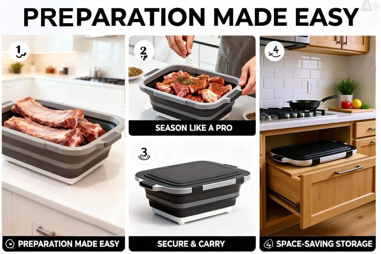 8L/16L BBQ Prep Tub with Cutting Board, Lid & Complimentary Mitts/Gloves – Collapsible Bucket for BBQ, Marinade, Picnic, Camping, Meat Prep – Orange/Black (Black, X-Large Lid Lock)