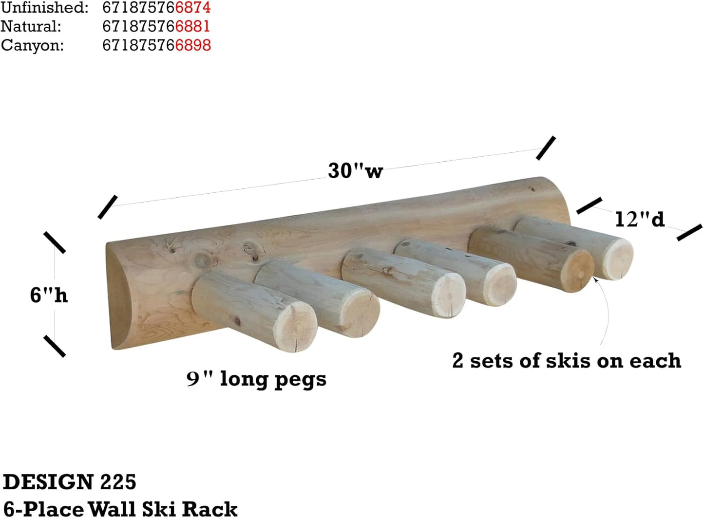 6-Place Log Ski Rack Wall Mount, Indoor Ski Storage Rack for Garage Organizers, Wooden Skis Wall Mount Storage Racks, Pole Skis Sports Racks, Garage Organization Walls - Unfinished