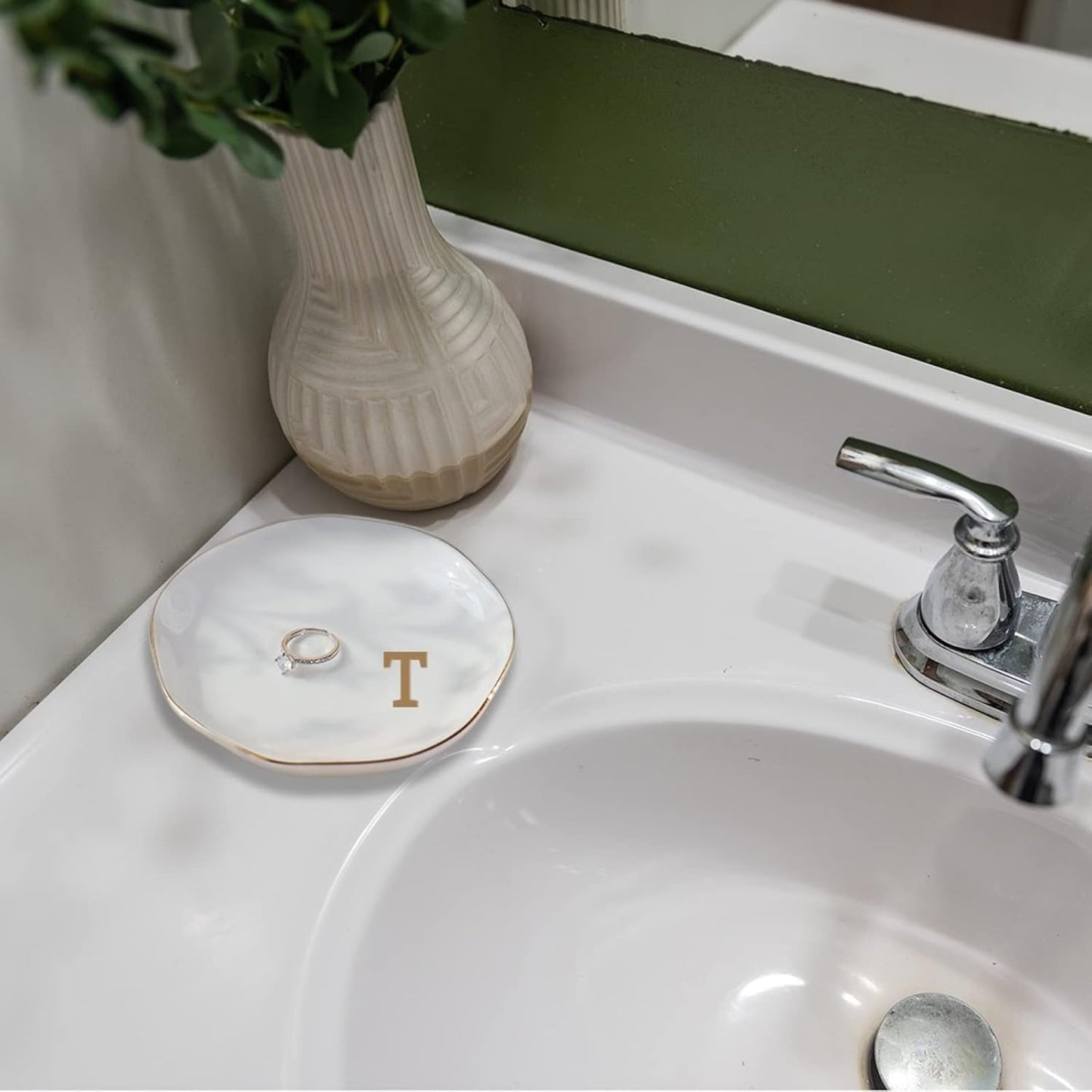 Initials Ring Dish Jewery Tray with Personalized T-Monogrammed Gifts Wedding Engagement for Women Friends Sister Teacher,Ceramic White