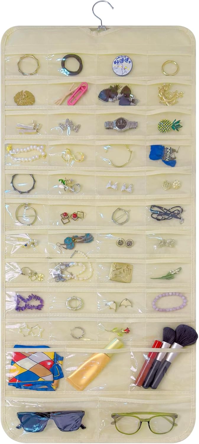 Bloss Hanging Jewelry Organizer With 90 Pockets,Earring Holder Organizer Storage For Valentine's Day Gift,Double-Sided Jewelry Holder for Earrings, Necklaces, Rings on Closet,Wall,Door(Beige)