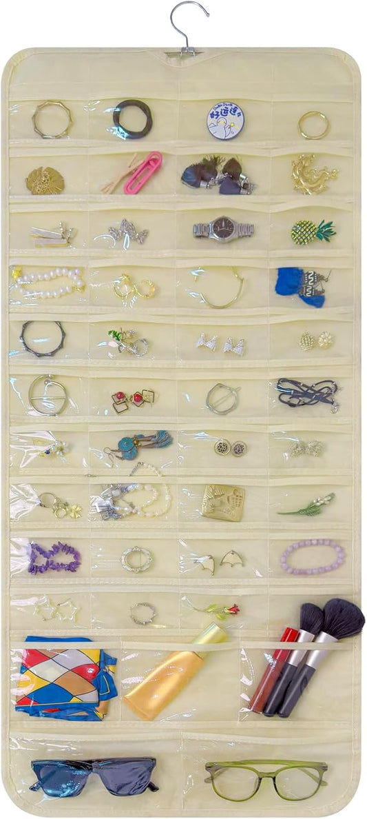 Bloss Hanging Jewelry Organizer With 90 Pockets,Earring Holder Organizer Storage For Valentine's Day Gift,Double-Sided Jewelry Holder for Earrings, Necklaces, Rings on Closet,Wall,Door(Beige)