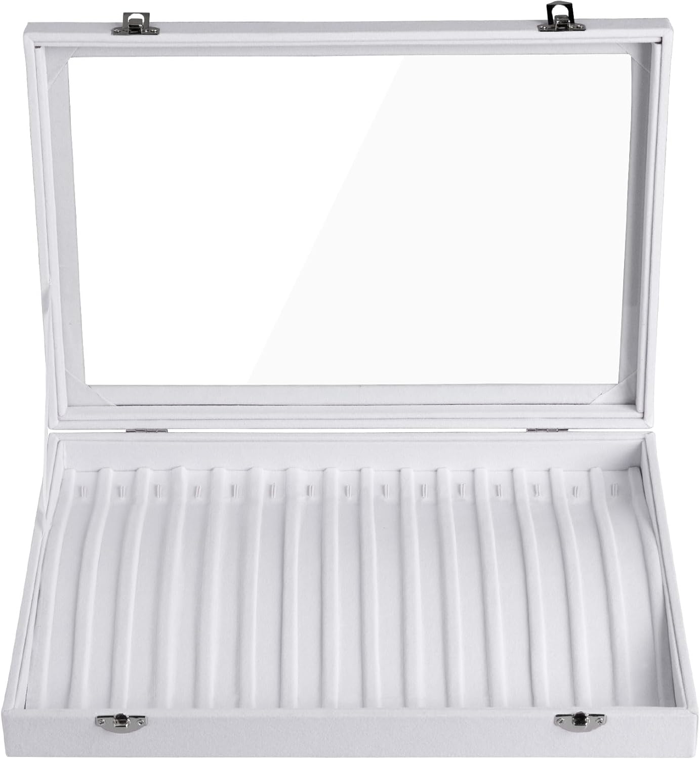 Frebeauty 15 Hooks Necklace Tray,Neckalce Organizer with Clear Lid,Velvet Necklace Holder Box,Jewelry Organizer for Pendants Chains,13.8x9.5x2 inches Necklace Jeweley Tray for Women(White)