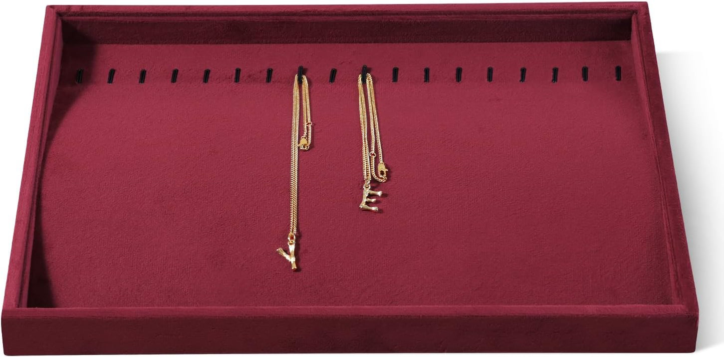 Velvet Jewelry Display Tray For Bracelet Pendant Necklace, Multi-Slot Stackable Storage Tray For Long Chain Jewelries, Drawer Insert Jewelry Organizer (Red)