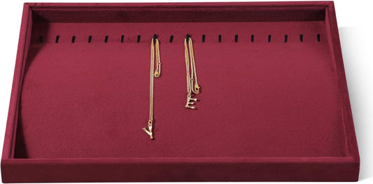 Velvet Jewelry Display Tray For Bracelet Pendant Necklace, Multi-Slot Stackable Storage Tray For Long Chain Jewelries, Drawer Insert Jewelry Organizer (Red)