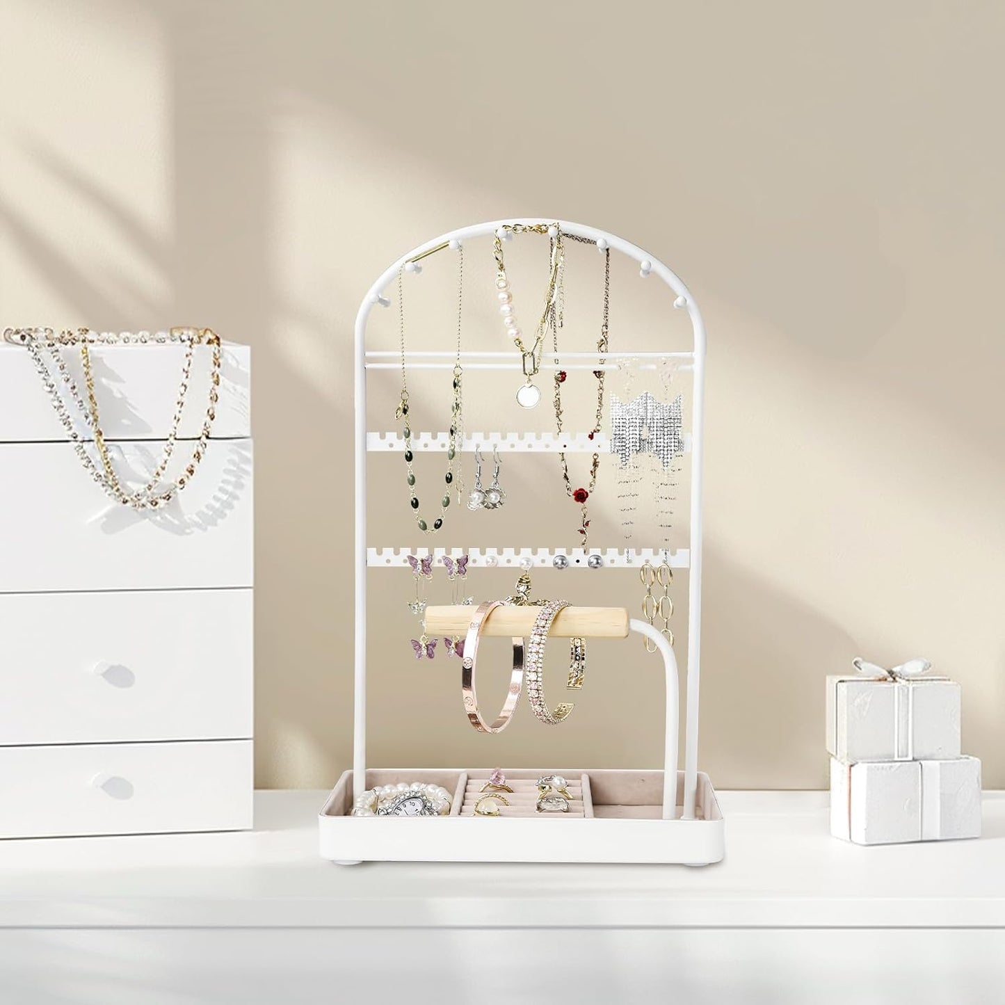 Multi-Functional Jewelry Holder Organizer Necklace Display Stand Velvet Lined Bar for Rings 2 Tier with 18 Hooks, 32 Earring Holes - Sturdy and Durable, Easy Organization White
