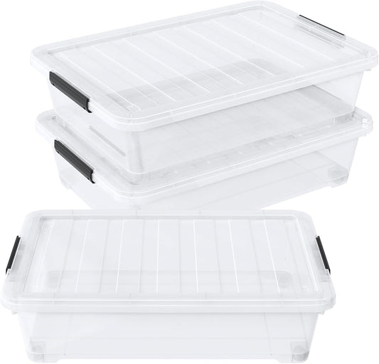40 L Under Bed Plastic Storage Bins with Lids, Clear Underbed Storage Bin, 3 Pack