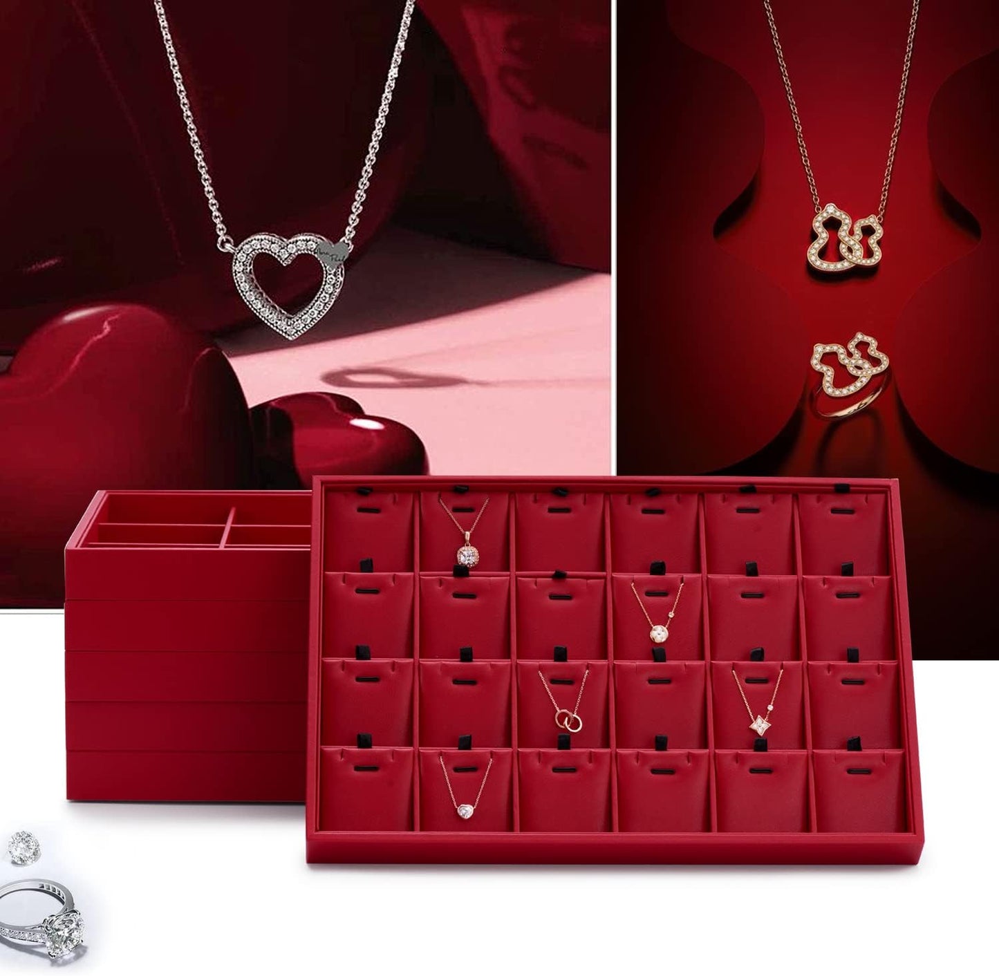 Oirlv Gorgeous Red Leather Jewelry Tray Flat Jewelry Display Tray Stackable Jewelry Organizer Plate