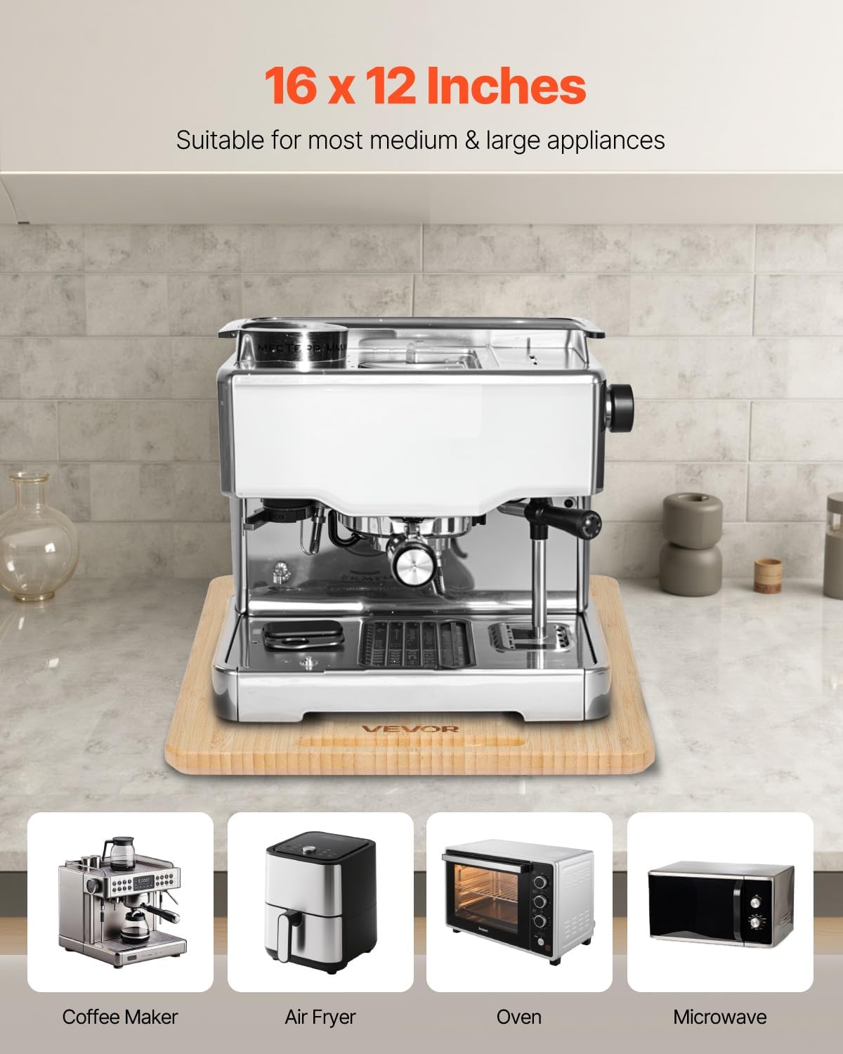 VEVOR Appliance Slider, Large 16 x 12-inch, Rolling Sliding Tray with Rubber Wheels & Hollow Handle, Easy to Clean, Appliance Rolling Tray for Coffee Maker, Kitchen Countertop, Natural Wood