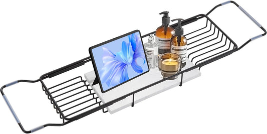 BVL Bathtub Tray Stainless Steel with Marble Base Matte Black Bathtub Tray with White Marble Base Adjustable & Rustproof Bath Caddy for Spa, Relaxation, Bath Bombs
