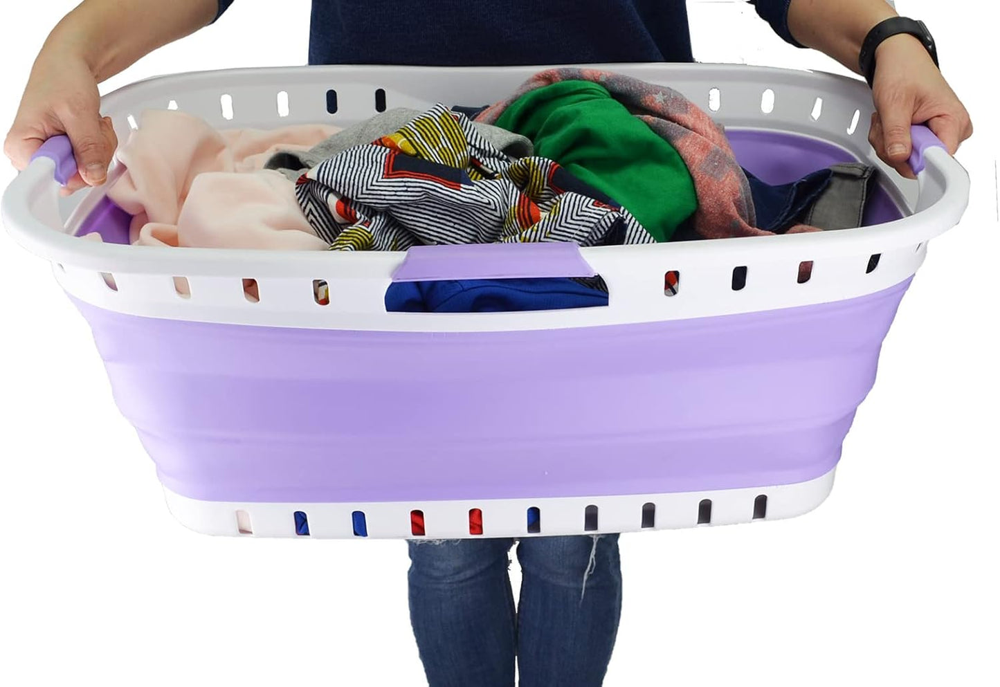 SAMMART 44L (11.62 gallon) Collapsible Plastic Laundry Basket - Foldable Pop Up Storage Container/Organizer - Portable Washing Tub - Space Saving Hamper/Basket (1, White/Lt. Purple)
