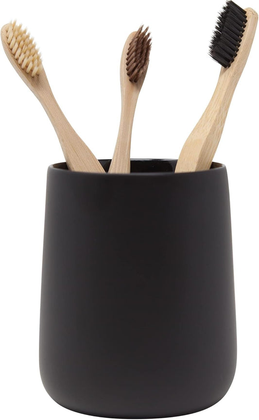 Matte Black Toothbrush and Toothpaste Holder and Cup for Bathroom Vanity and Countertop, Round Organizer for Electric Toothbrushes, Floss, Razors, Cotton, and Mouthwash