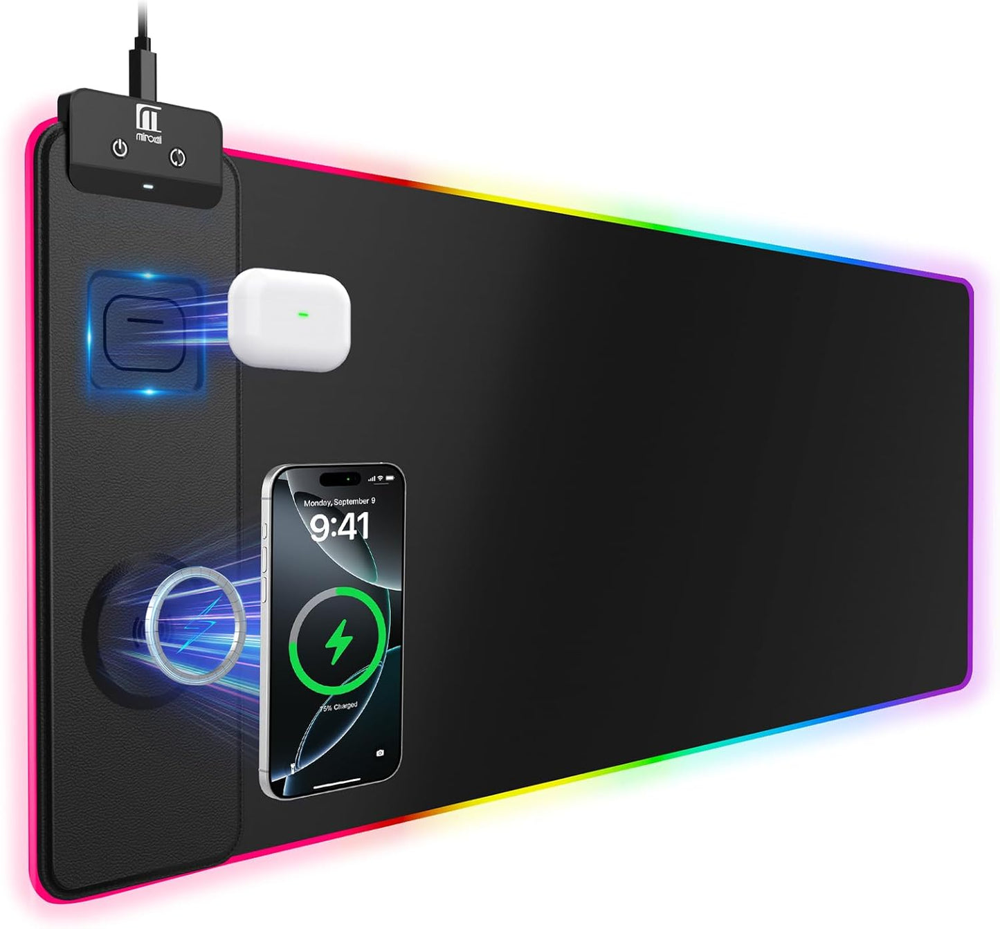 Mouse Pad with Magnetic Wireless Charging, Large Desk Pad Protector, RGB Black Mousepad Desk Mat with 15W Fast Charger, 4mm Thick Non-Slip, Waterproof Laptop Writing Pad for Office, Home, Gaming