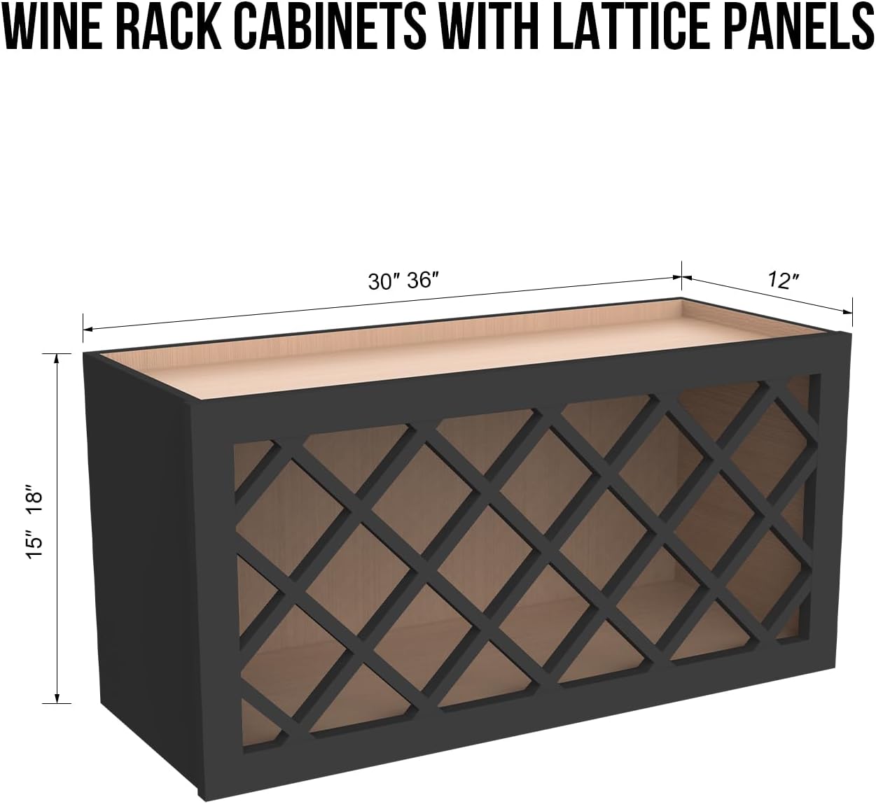 Solid Wood RTA Wine Bottle Rack Wall Cabinet with Lattice Panels Wine Storage for Bar, Pantry, Cellar & Countertop - Mocha (Charcoal Black, 30'W 12'D 15'H)