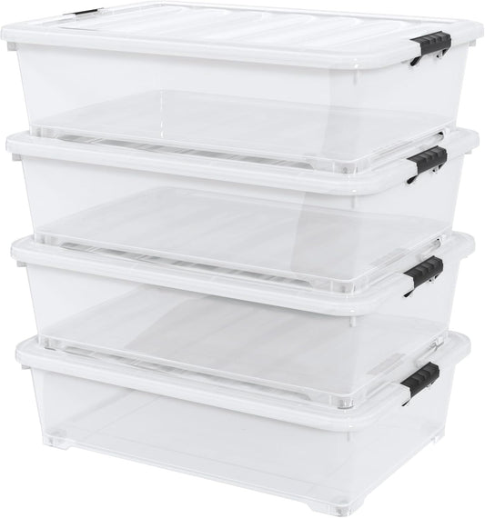 Saedy 50 L Plastic Under Bed Storage Bin with Wheels, 4 Pack Clear Latching Container Box, F