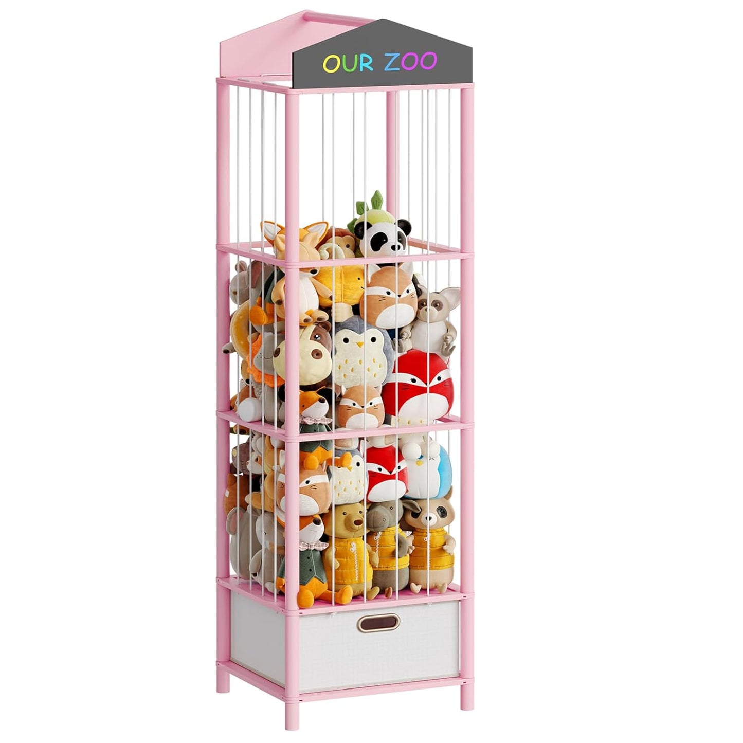 HOOBRO Stuffed Animal Storage & Organizer, Bamboo Stuffed Animal Holder with Fabric Drawer and DIY Chalkboard, Plush Toy Organizer for Playroom, Living Room, Nursery, Pink PK66CW01