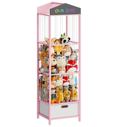 HOOBRO Stuffed Animal Storage & Organizer, Bamboo Stuffed Animal Holder with Fabric Drawer and DIY Chalkboard, Plush Toy Organizer for Playroom, Living Room, Nursery, Pink PK66CW01