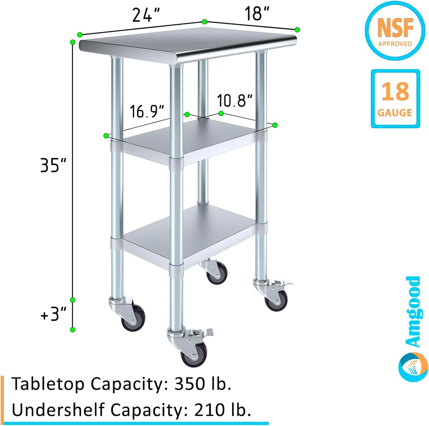 AmGood Stainless Steel Work Table with 2 Shelves and Casters | Metal Utility Table On Wheels (Stainless Steel Work Table with 2 Shelves + Casters, 24" Long x 18" Deep)