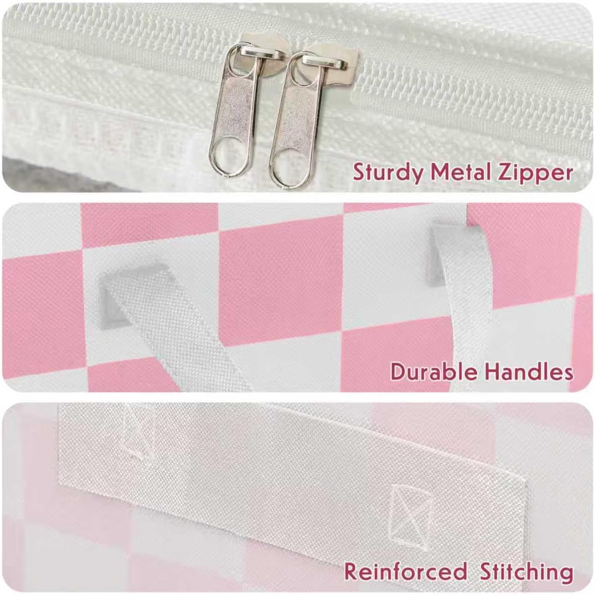 Pink Checkered Clothes Storage Bins, 100L Large Blanket Storage Bags 3 Pack, Closet Organizers and Storage Containers for Comforters, Bedding, Foldable Organizer with Handle