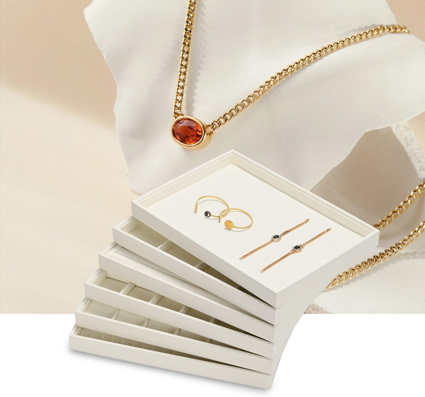 Beige Jewelry Necklace Display Tray 24 Grids Pendant Earrings Necklace Organizer Display Showcase Microfiber Jewelry Storage Tray