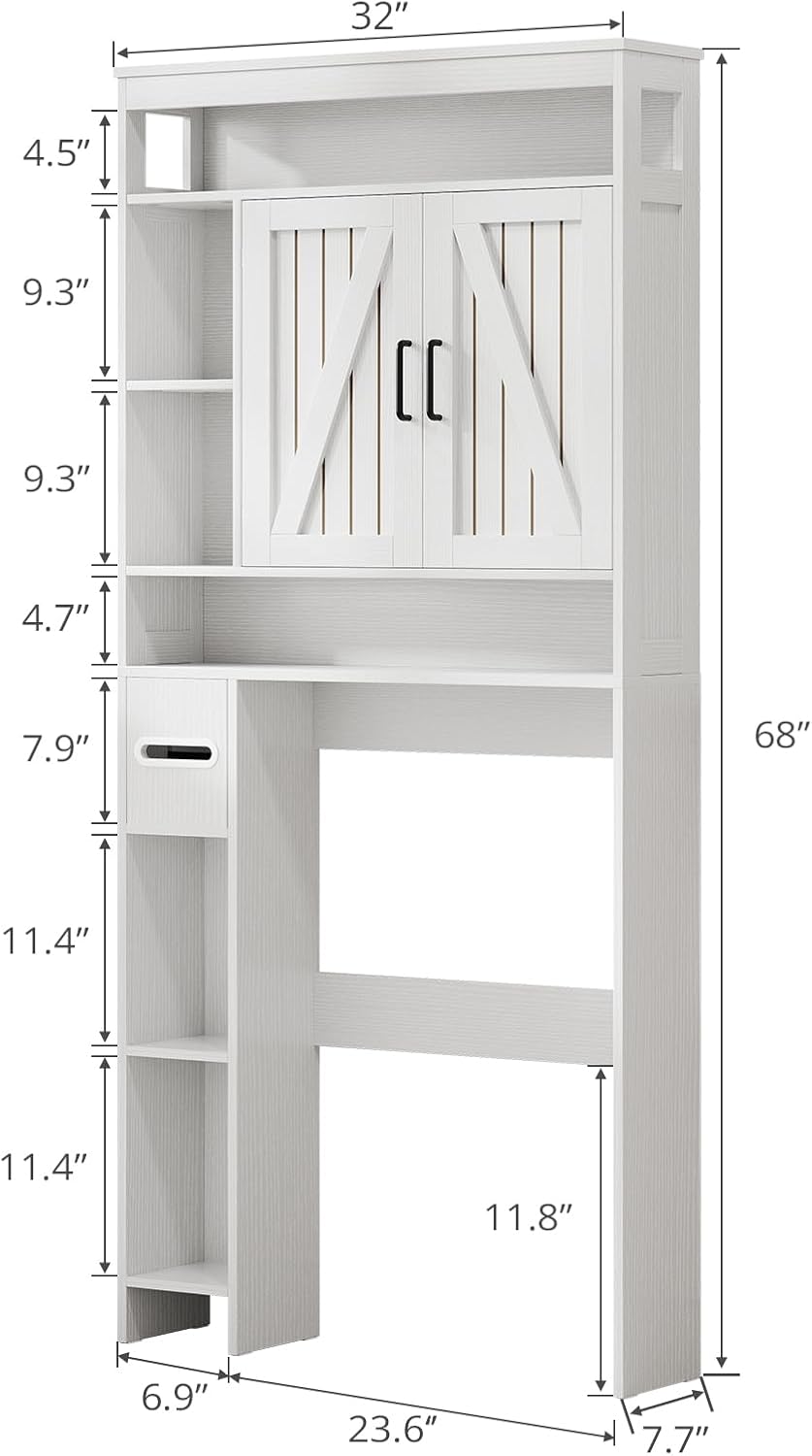 Over The Toilet Storage Cabinet with 6 Shelves, Farmhouse Bathroom Storage Cabinet with 2 Barn Door & Toilet Paper Holder Stand, Toilet Shelf with Adjustable Shelf for Bathroom Laundry