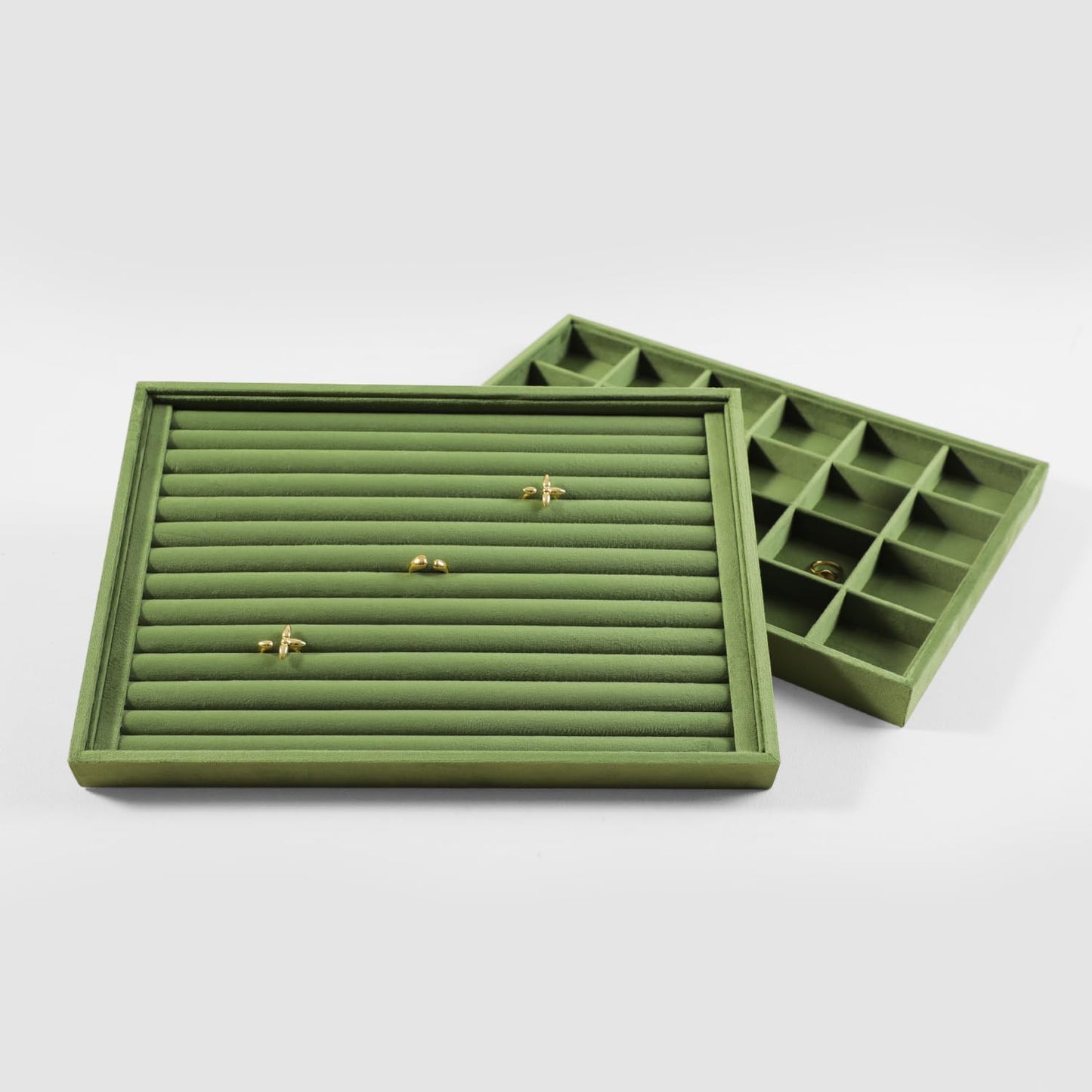 Velvet Stackable Jewelry Display Tray, 24 Grid Earring Ring Storage Tray, Drawer Divider Jewelry Accessories Organizer Plate (Olive Green)