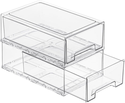 2 Pack Stackable Pull-Out Storage Drawers，Plastic Clear Organizer Bins with Handles，Easily Clean for Craft, and Toy Organization，Kitchen Undersink，Cabinet，Fridge，Closet，Pantry，Office，Bathroom
