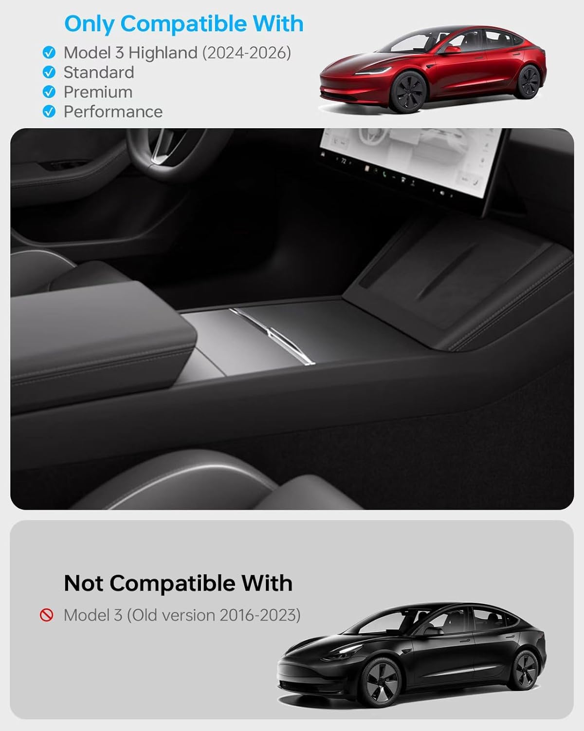 2025 Upgrade Center Console Organizer Tray for Tesla Model 3 Highland Accessories 2024 2026, Divided Storage Double Layer Space Slide smoothly - 4 PCS, Black