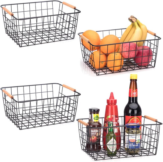 Metal Wire Food Storage Basket Organizer with Wooden Handles for Organizing Kitchen Cabinets, 4 Packs-Black