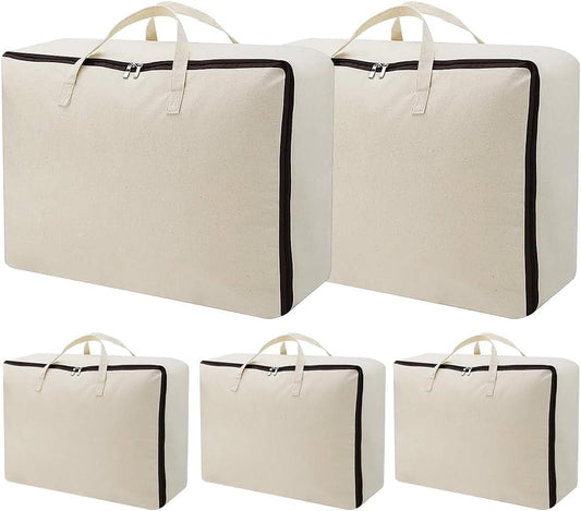 AMJ 5 Pack Oversized Storage Bag for Moving, Packing Supplies, Organizer Tote, Natural Cotton Canvas Zippered Sweater Bag, Reusable and Sustainable (Beige, 5 Pack)