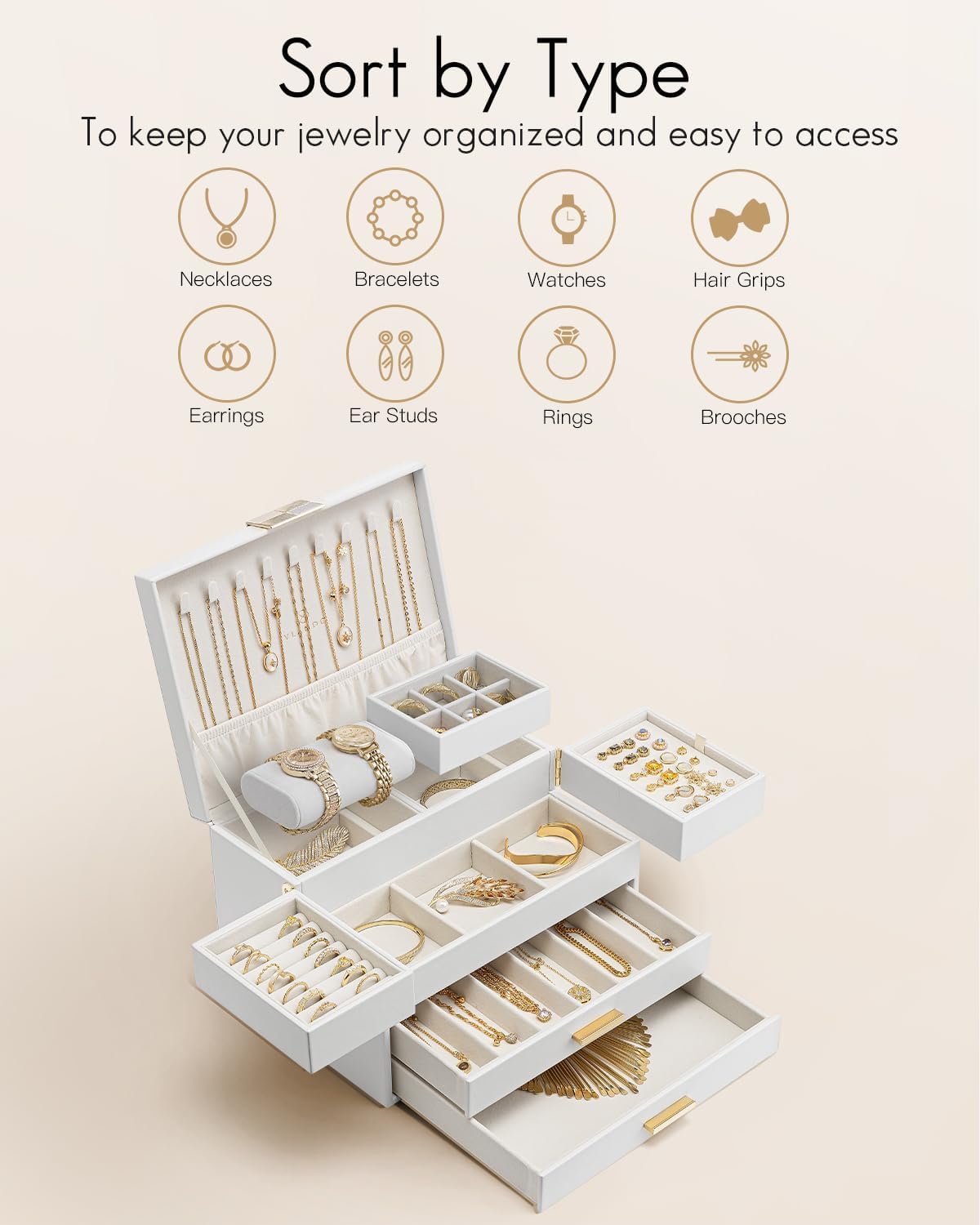 Vlando 4 Layers Jewelry Box - Women Jewelry Box with Retractable Tray - Jewelry Organizer with Drawer for Necklaces, Rings, Bracelets, Earrings, Gift for Couples Mom Girls - White