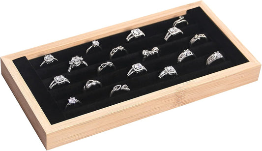 Coward Bamboo Ring Display Holder Jewelry Storage Tray Organizer Ring Stand For Show(Black)
