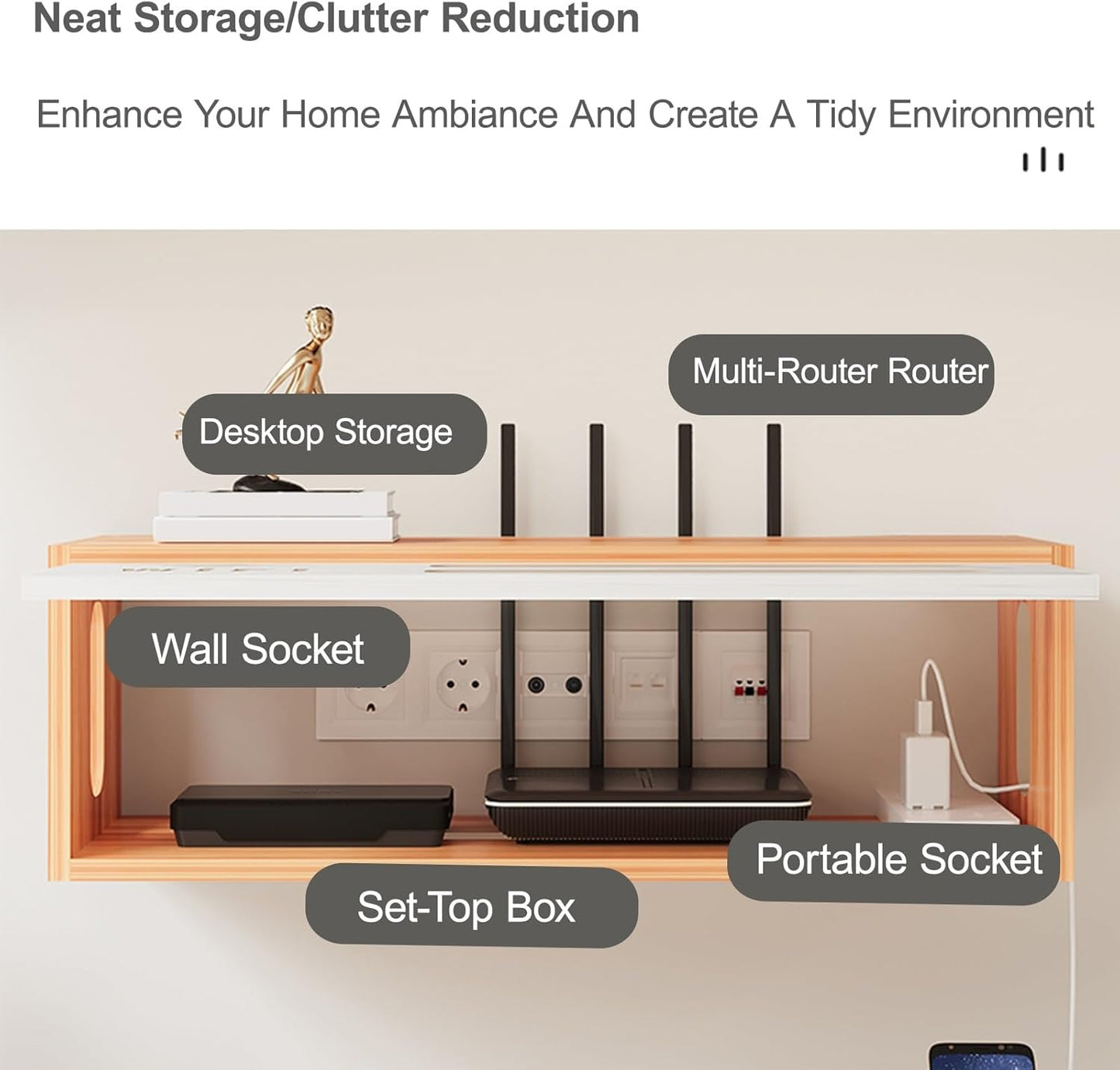 Wall Mount WiFi Router Box, WiFi Router Storage Cabinet, Power Strip and Cable Management Hider Rack, Invisible Storage, for Living Room, Office, Bedroom(White)