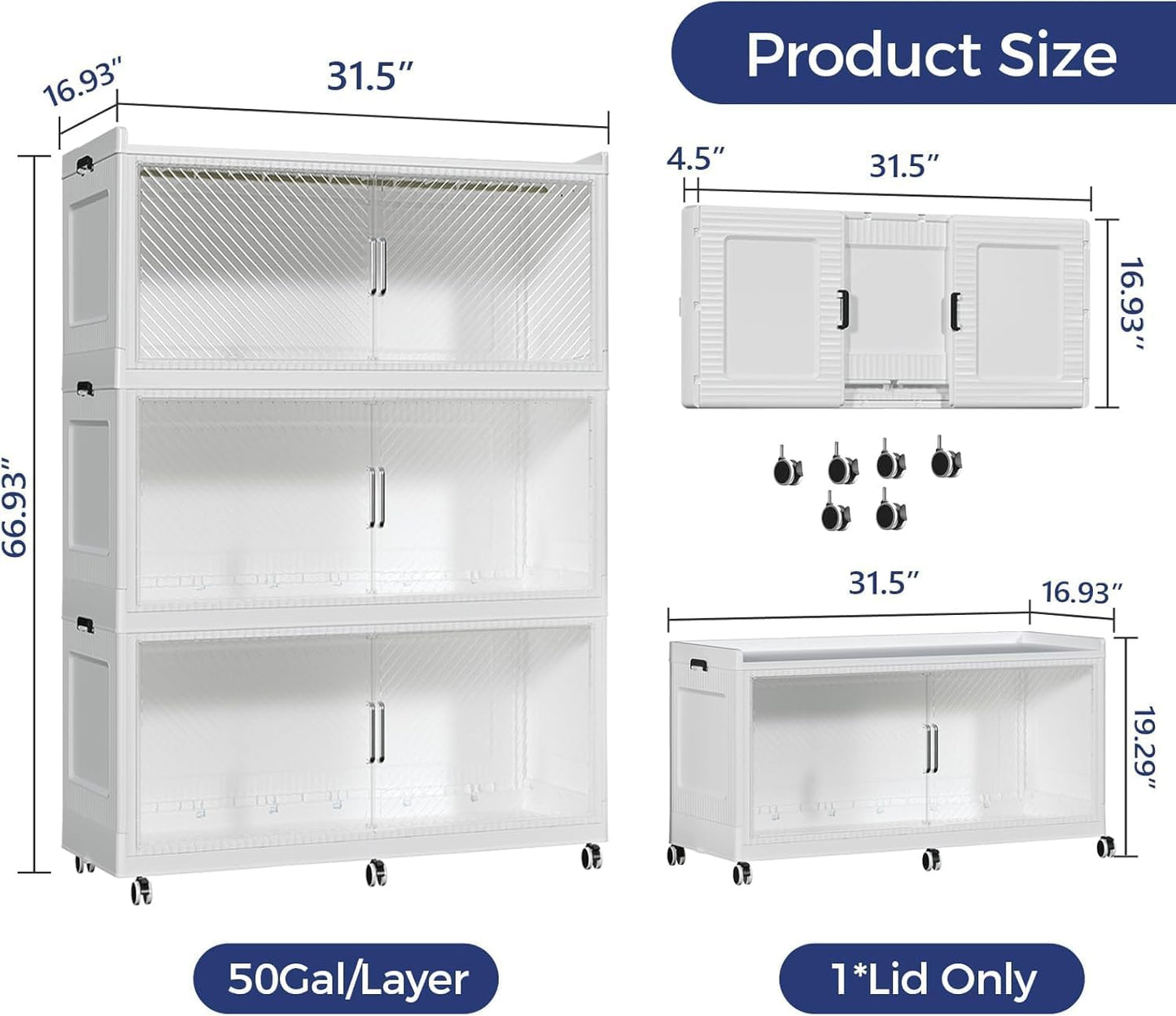 240GAL Extra Large Storage Bins with Lid, 960QT Collapsible Organizer with Wheels, Stackable Closet Cabinet with Doors, Folding Storage Containers for Home, Office, Kitchen, 3Pack White