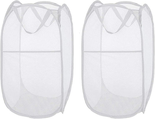 Larpur Pop Up Laundry Hampers, Portable Mesh Laundry Baskets, Collapsible Clothes Laundry Bin for Bedroom, Travel, Bathroom, College Dorm, White - 2 Pack