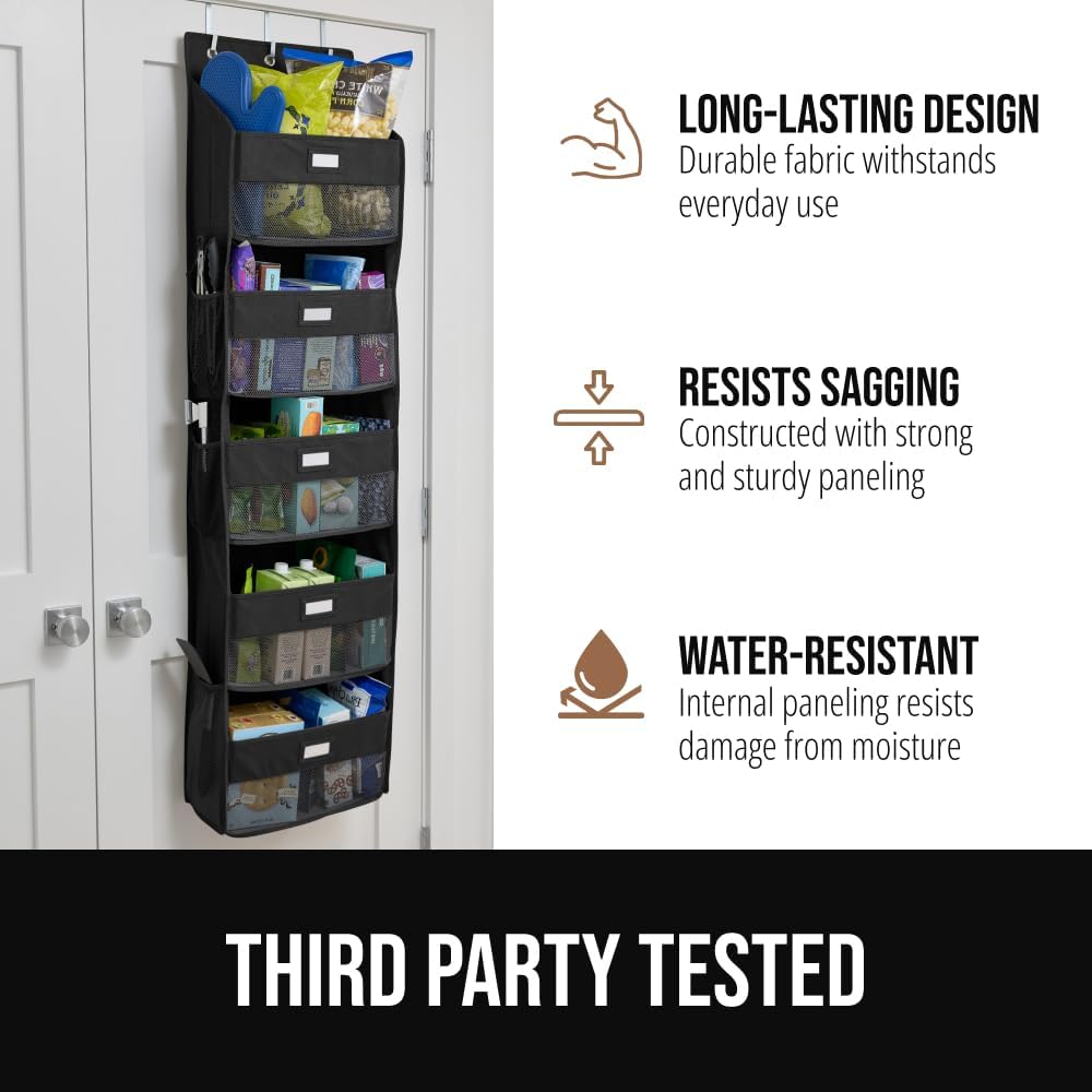 GORILLA GRIP Large Capacity Closet Organizer, 5 Deep Shelves, Holds 50lbs, Over the Door Organizers 6 Mesh Pockets, Shelf Storage for Clothes Crafts Dorm Essentials, 3 Metal Hooks, 58x15 Inches, Black
