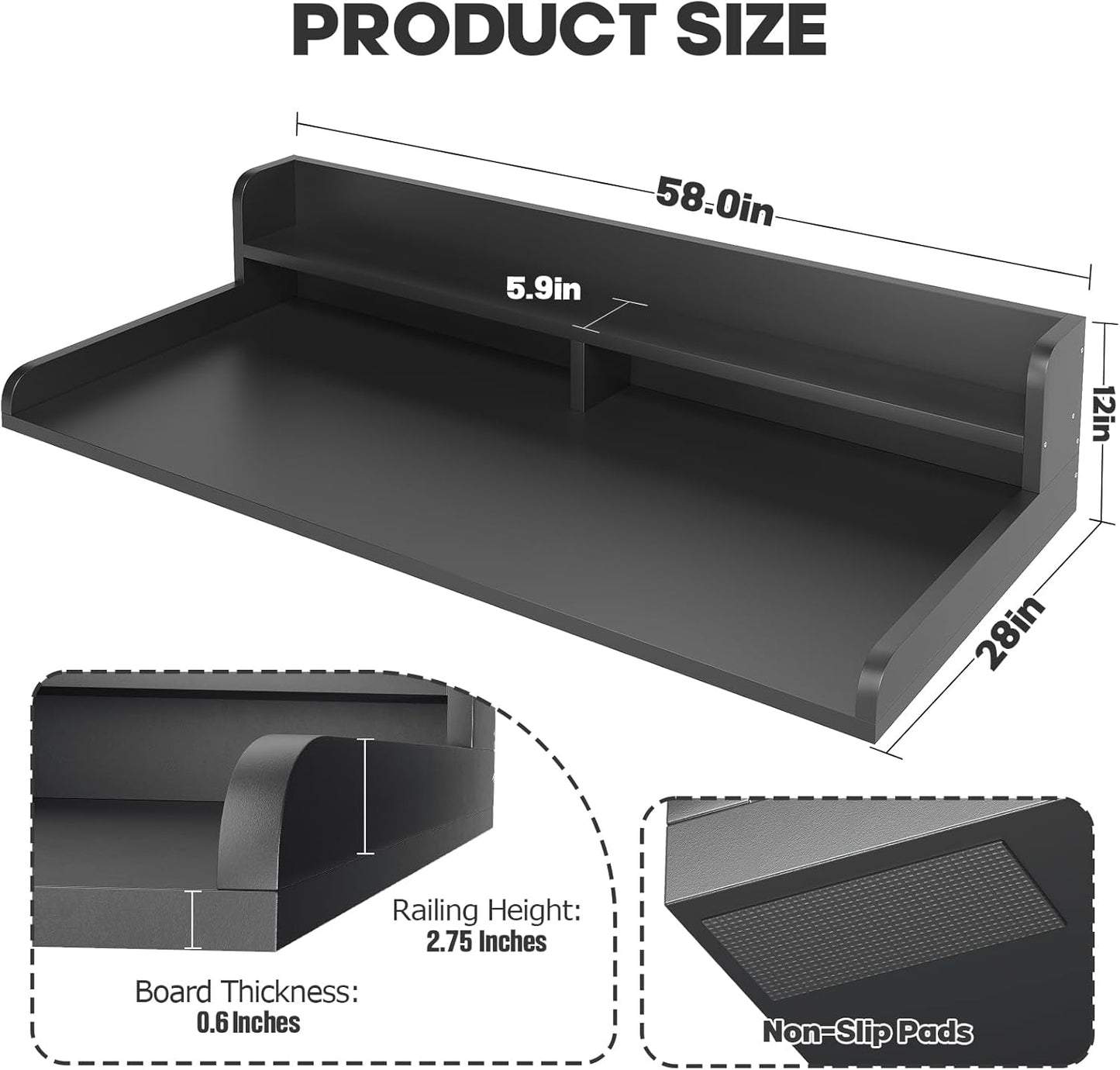 2-Tier Washer Dryer Countertop with 2.75" H Edge Rails, 58" W x 28" D Laundry Countertop for Folding Clothes, Washer and Dryer Topper with Non-Slip Pad (Black)