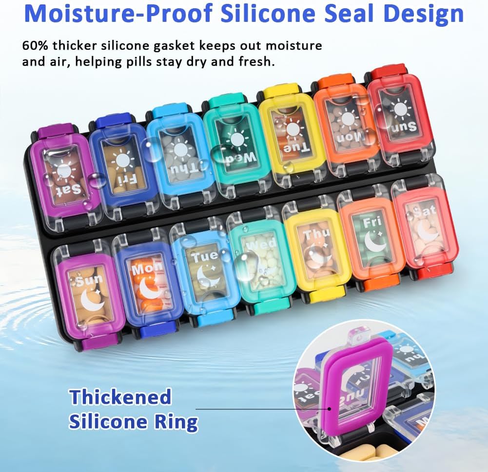 Shintop Weekly Pill Organizer 2 Times a Day, Moisture-Proof Large Vitamin Box 7 Day Secure-Locking Medicine Case with Detachable Rows for Home & Travel (Rainbow)