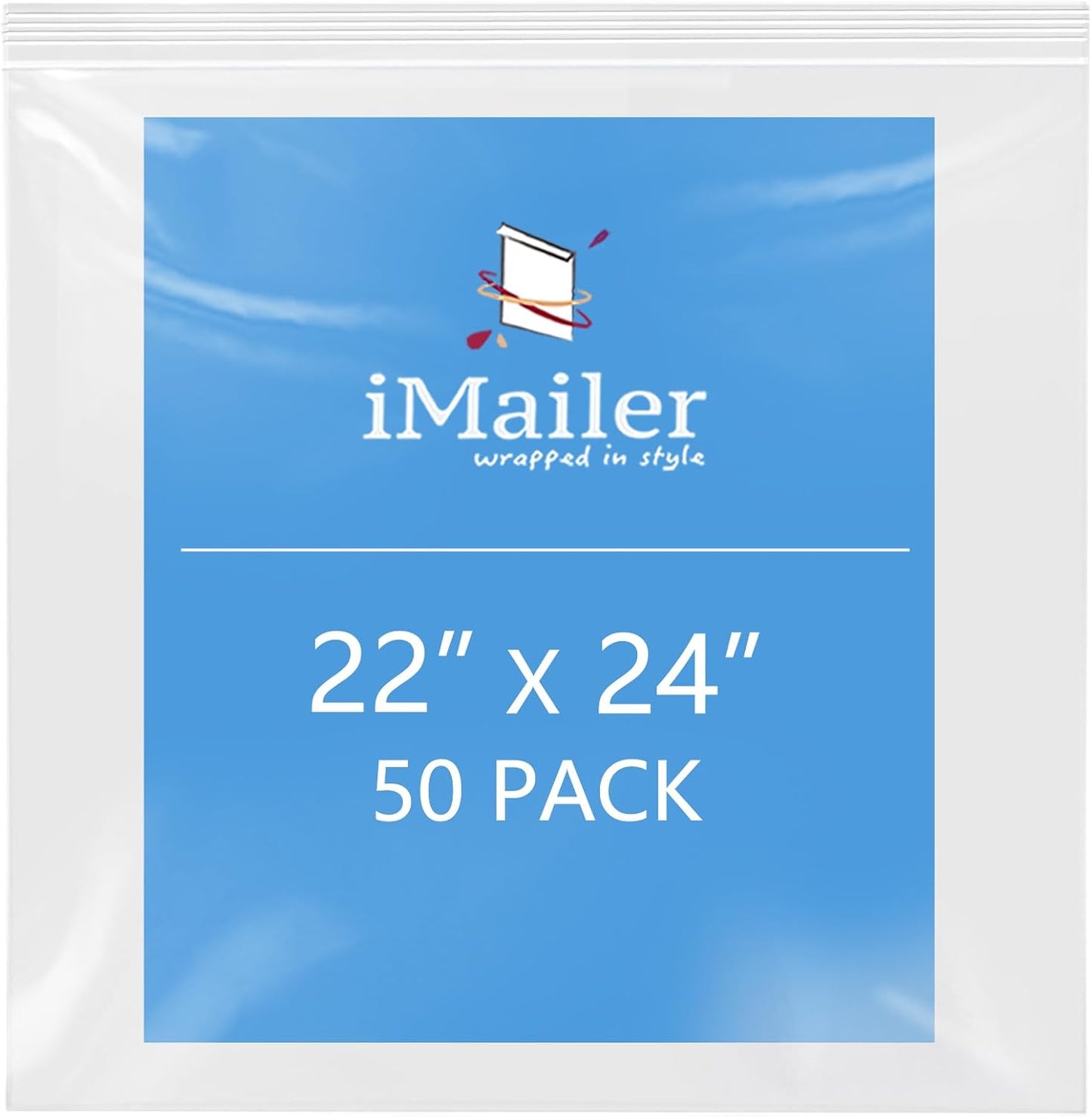 iMailer- 22" x 24" 50 Pack- 2 Mil Resealable Zip Bags- Clear Plastic Bags with Zip Top Lock for Storage, Organizing, Crafts, Travel