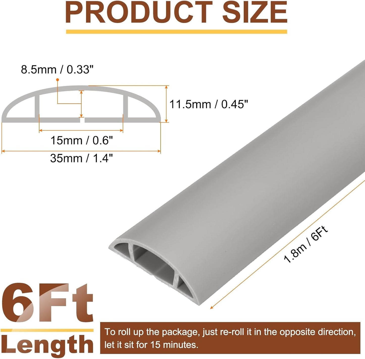 HARFINGTON 6ft Cord Cover Floor W0.6 x H0.33 Inner Channel PVC Hide Extension Cable Floor Wire Hider Wire Covers Protector for Prevent Cable Trips Cables Management, Grey