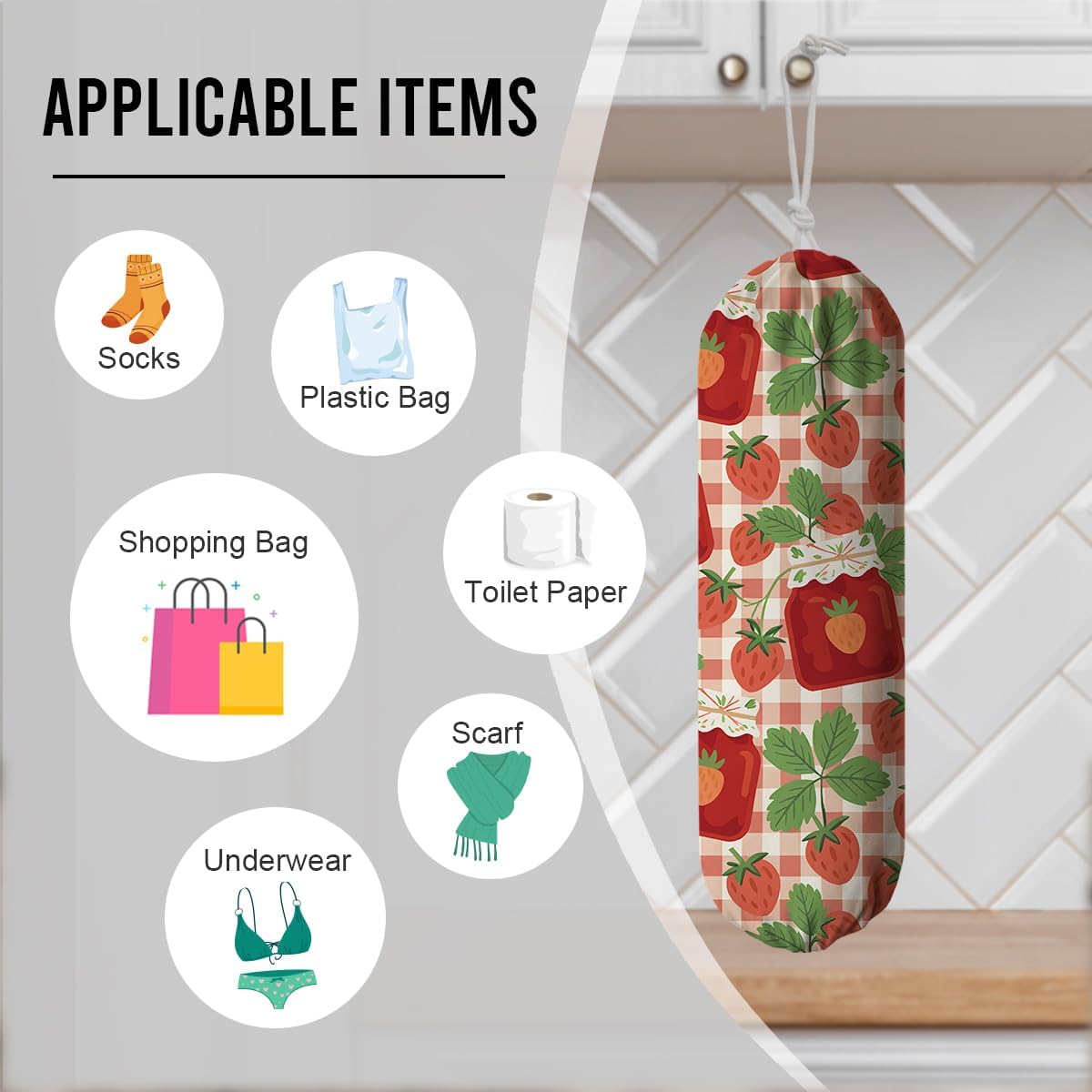 Fruits Plastic Bag Holder, Strawberry Grocery Bags Storage Organizer, Reusable Shopping Bags Holder Dispenser for Kitchens Pantry, Housewarming Gift, Kitchen Pattern Garbage Bag 45