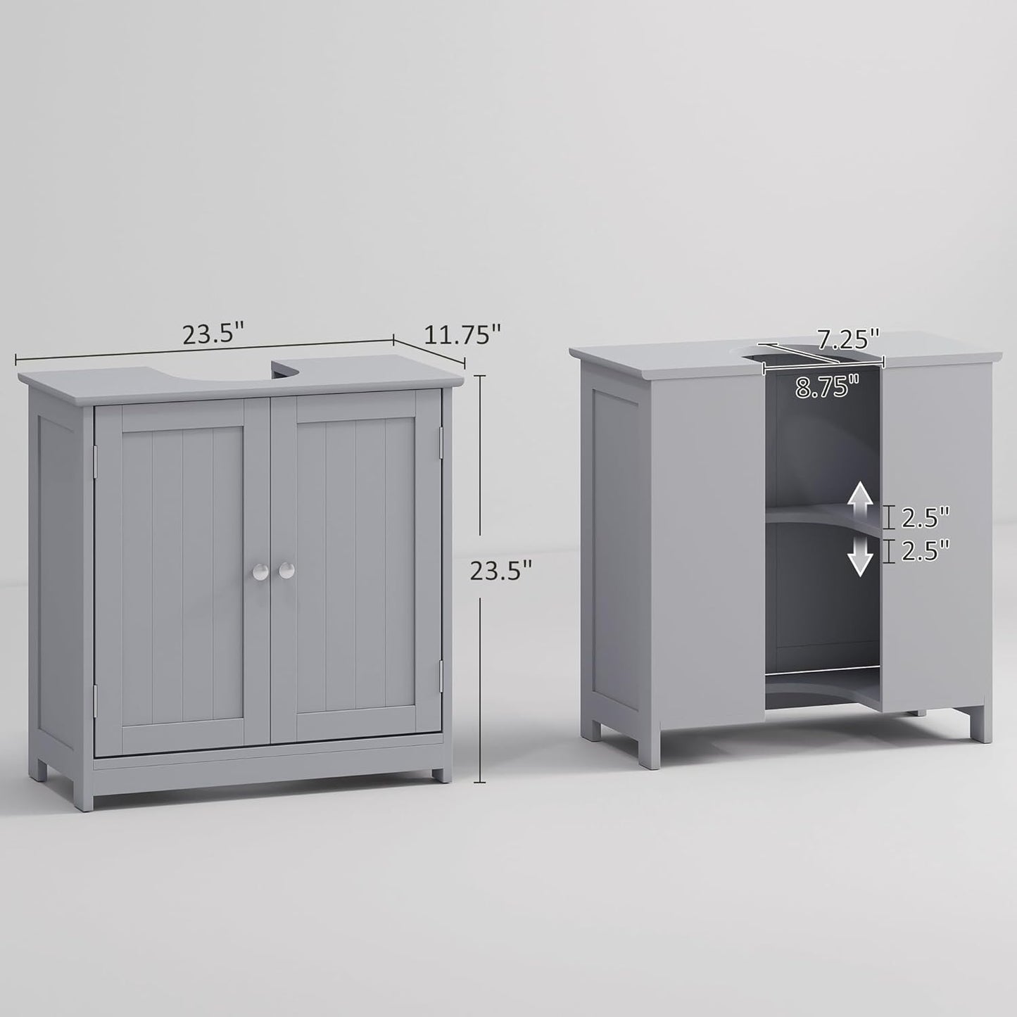 kleankin 23.5" Pedestal Sink Storage Cabinet, Freestanding Bathroom Under Sink Cabinet with U-Shape Cut-Out and Adjustable Shelf, Gray